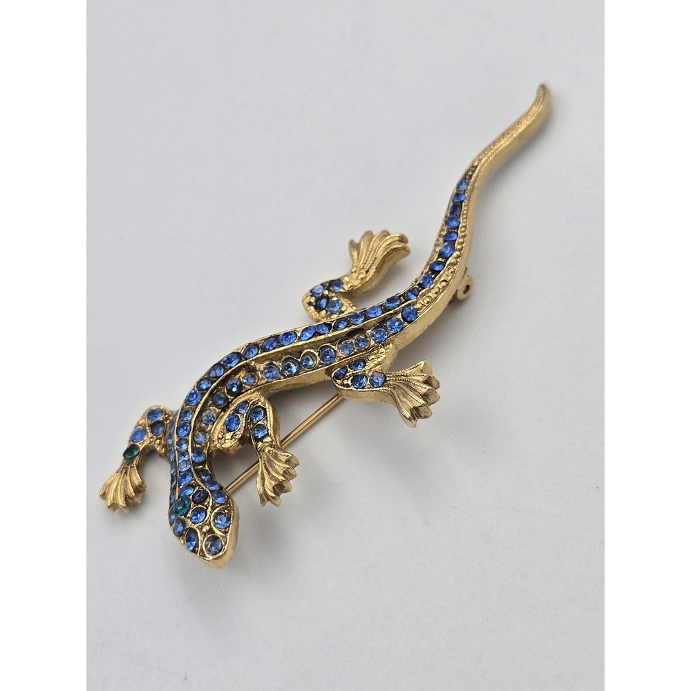 Vintage Gold Tone Blue Rhinestone Lizard Brooch Pin Animal Figural Jewelry